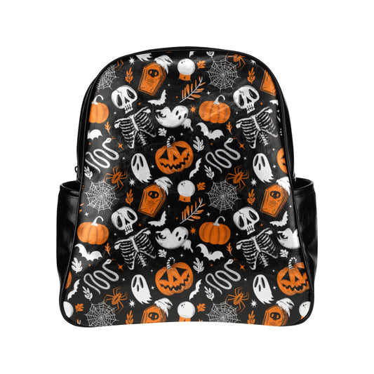Everything Spooky Black, White, Orange Faux Leather Backpack Bag
