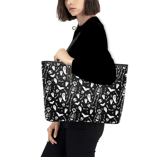 Dearly Departed 2020 Black, White Spooky Faux Leather Tote Bag