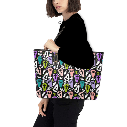 Cotton Candy Coffins Black, White, Pink, Purple, Chartreuse, Turquoise Spooky Faux Leather Tote Bag