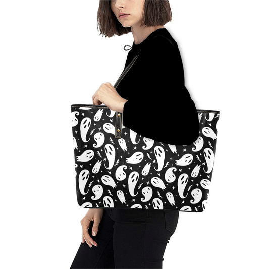 Ghosties 2021 Black, White Spooky Faux Leather Tote Bag