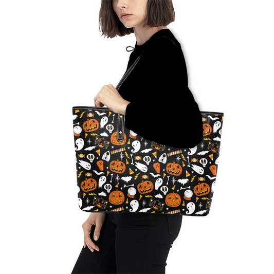 Halloween Ghouls Black, White, Orange, Yellow Faux Leather Tote Bag
