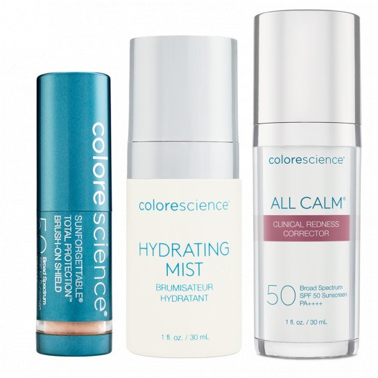 All Calm Redness Corrector, Sunforgettable Total Protection Brush Mini, and Mini Hydrating Mist || all