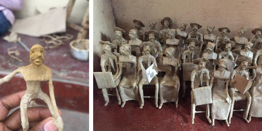 Works in progress, papier-mache figures waiting for paint. Natural kraft colored recycled paper.