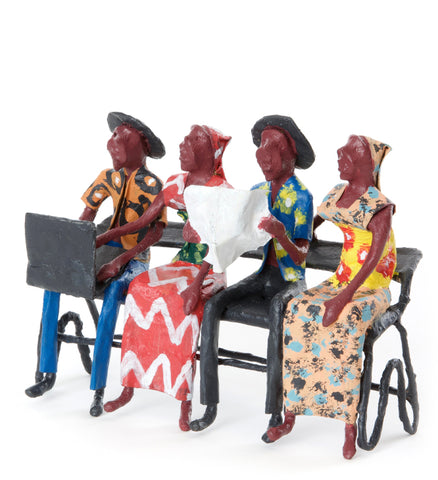 Folk art from Zambia, papier-mache scene of 4 people on a park bench