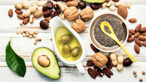 healthy superfoods, avocado, nuts, oil, seeds, fruit