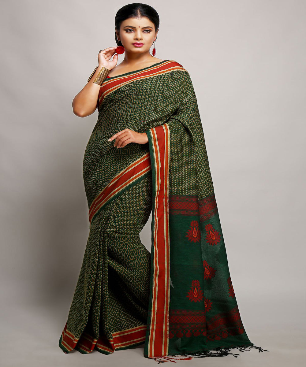 Dark green handwoven cotton bengal saree – GoCoop