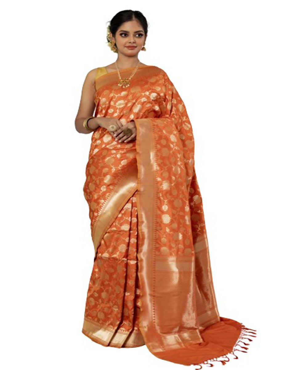 Orange handloom silk fekua jaal design banarasi saree – GoCoop