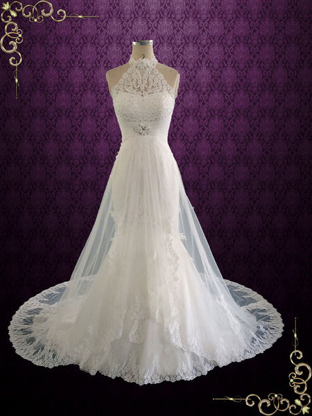 Halter Lace Wedding Dress with Illusion Neckline