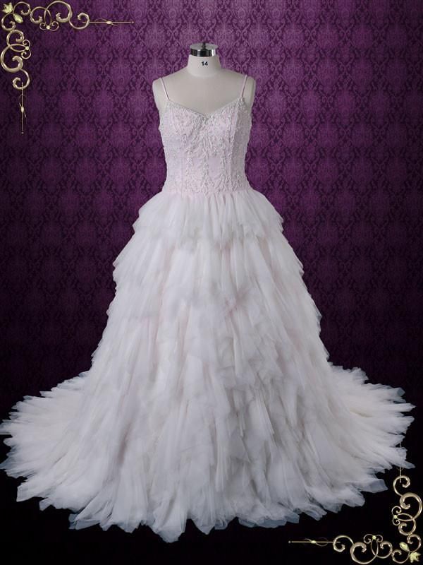 blush pink wedding dress with ruffle skirt