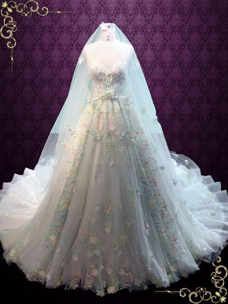 Pastel Colored Embroidered Lace Wedding Dress