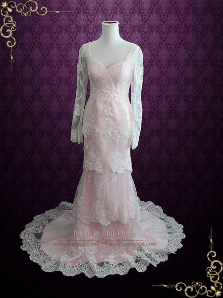 Pearl Pink Long Sleeve Wedding Dress