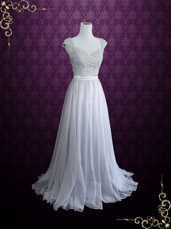 Gray Cap Sleeve Lace Long Bridesmaid Dress