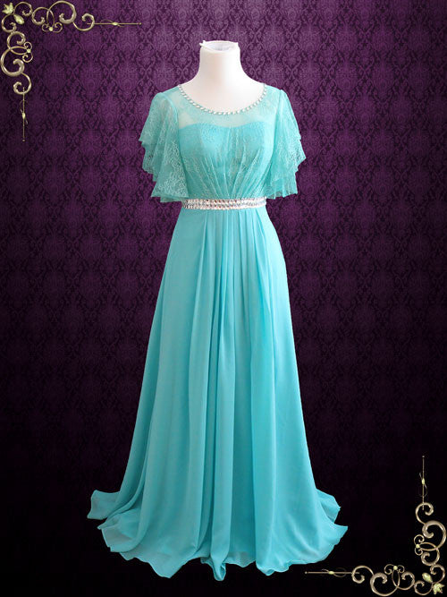 Green Modest Lace Evening Dress