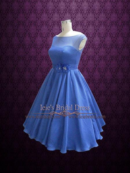 Blue Tea Length Wedding Dress