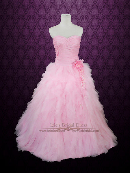 Pink Wedding Dress with Cascading Ruffles