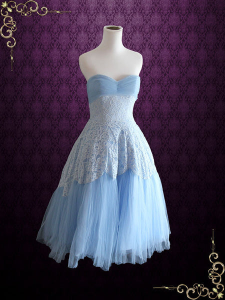Blue Strapless Tea Length Formal Dress