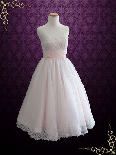 Blush Pink Strapless Tea Length Bridesmaid Dress