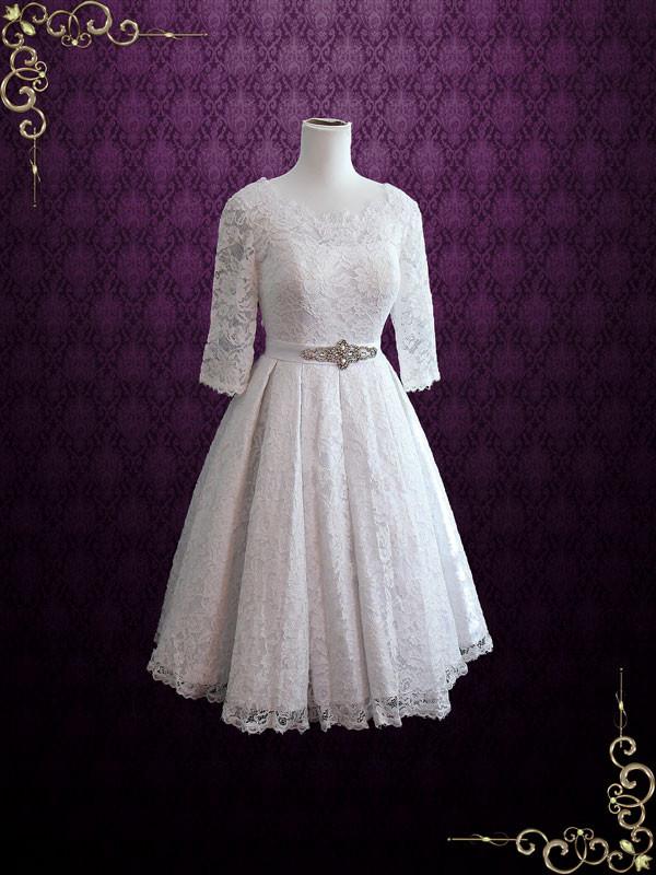 Tea Length Pleated Lace Wedding Dress with Sleeves