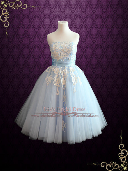 Blue Tea Length Wedding Dress