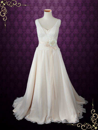 V Neck Silk Chiffon Grecian Wedding Gown