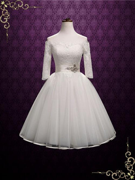 Off-the-shoulder Lace Tea Length Wedding Dress