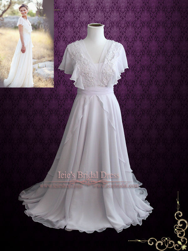 Whimsical Chiffon Wedding Dress with Flutter Sleeves