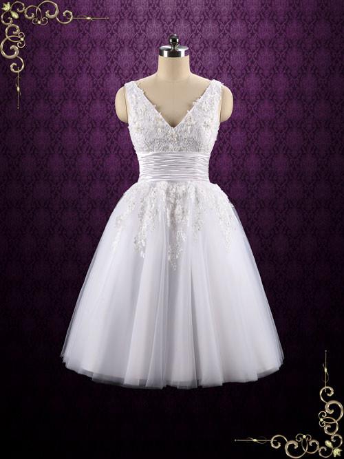 V-neck Tea Length Lace Wedding Dress
