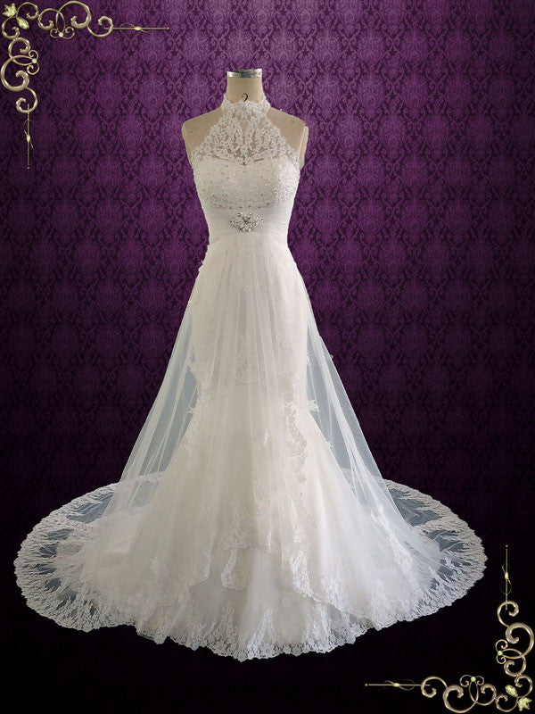 Halter Lace Wedding Dress with Illusion Skirt
