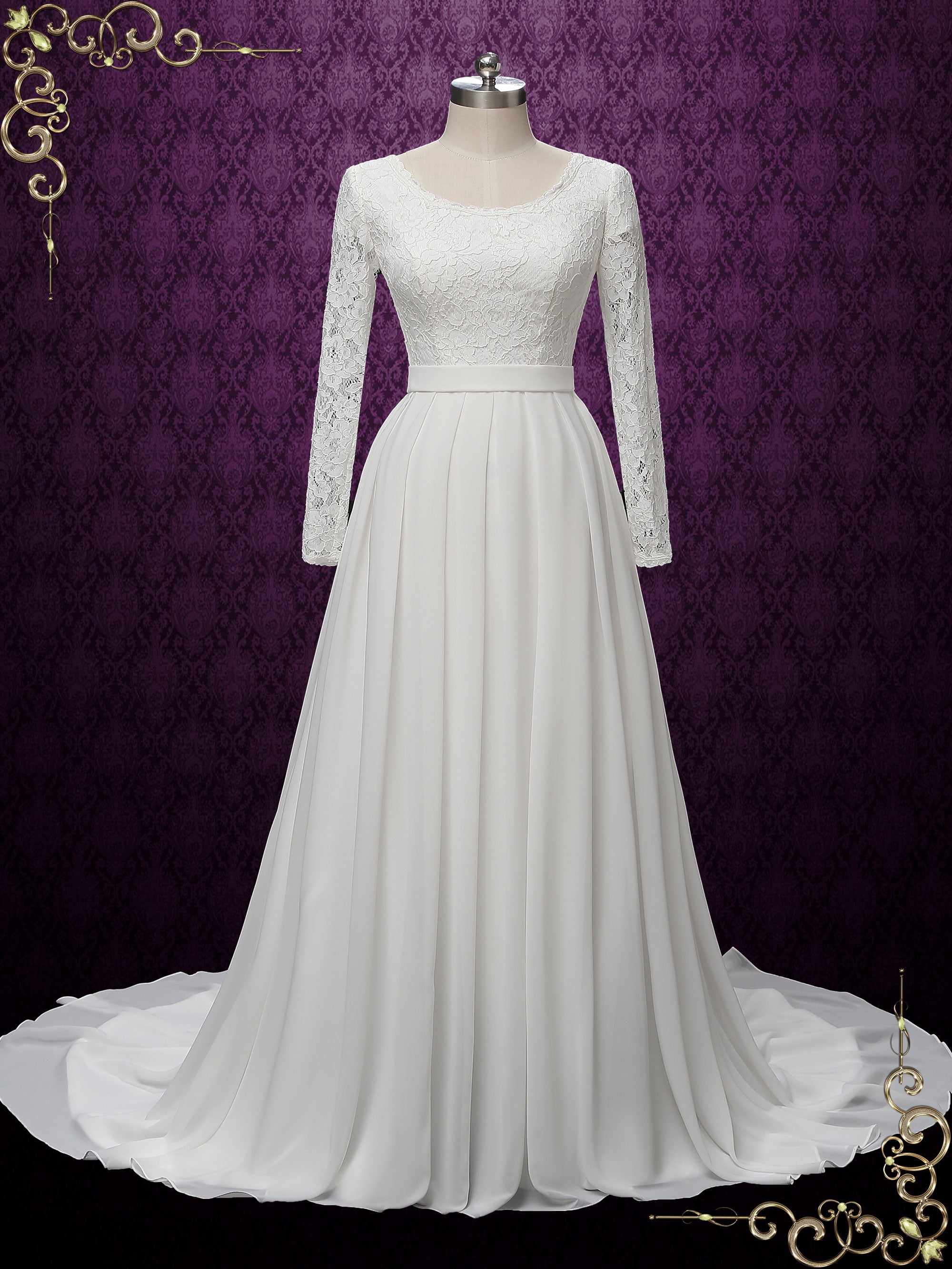 Modest Long Sleeves Chiffon Lace Wedding Dress Alura Ieie Bridal 2712