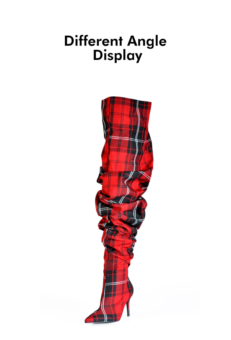 red plaid heel boots