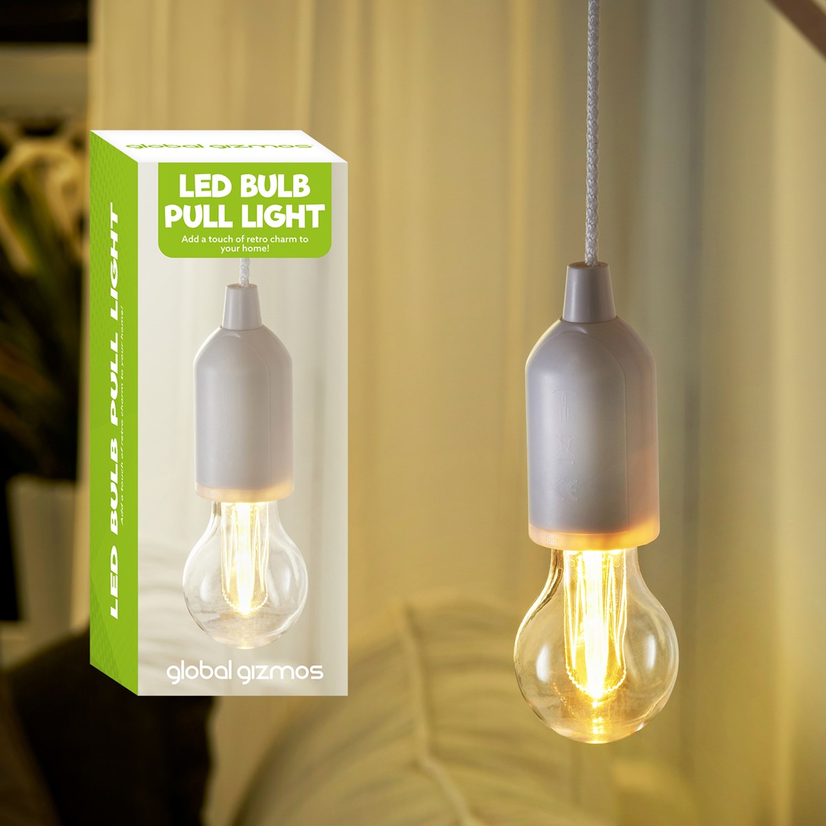 Portable LED Bulb Light On Rope Reading Lamp White Battery Operated Pull Cord 