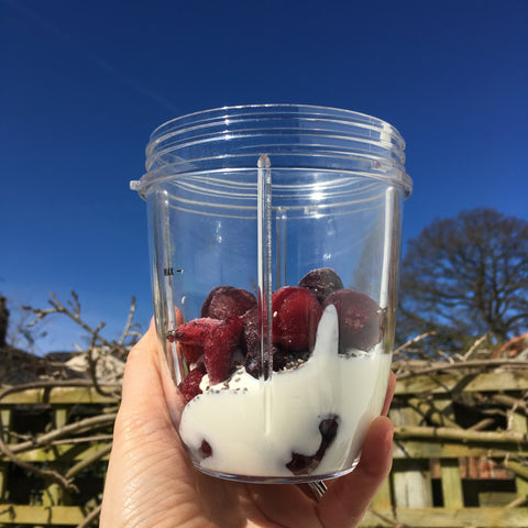 cherry yogurt smoothie in a blender