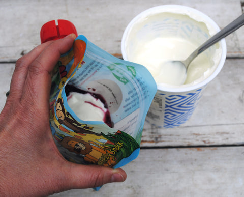 filling a pouch with yogurt