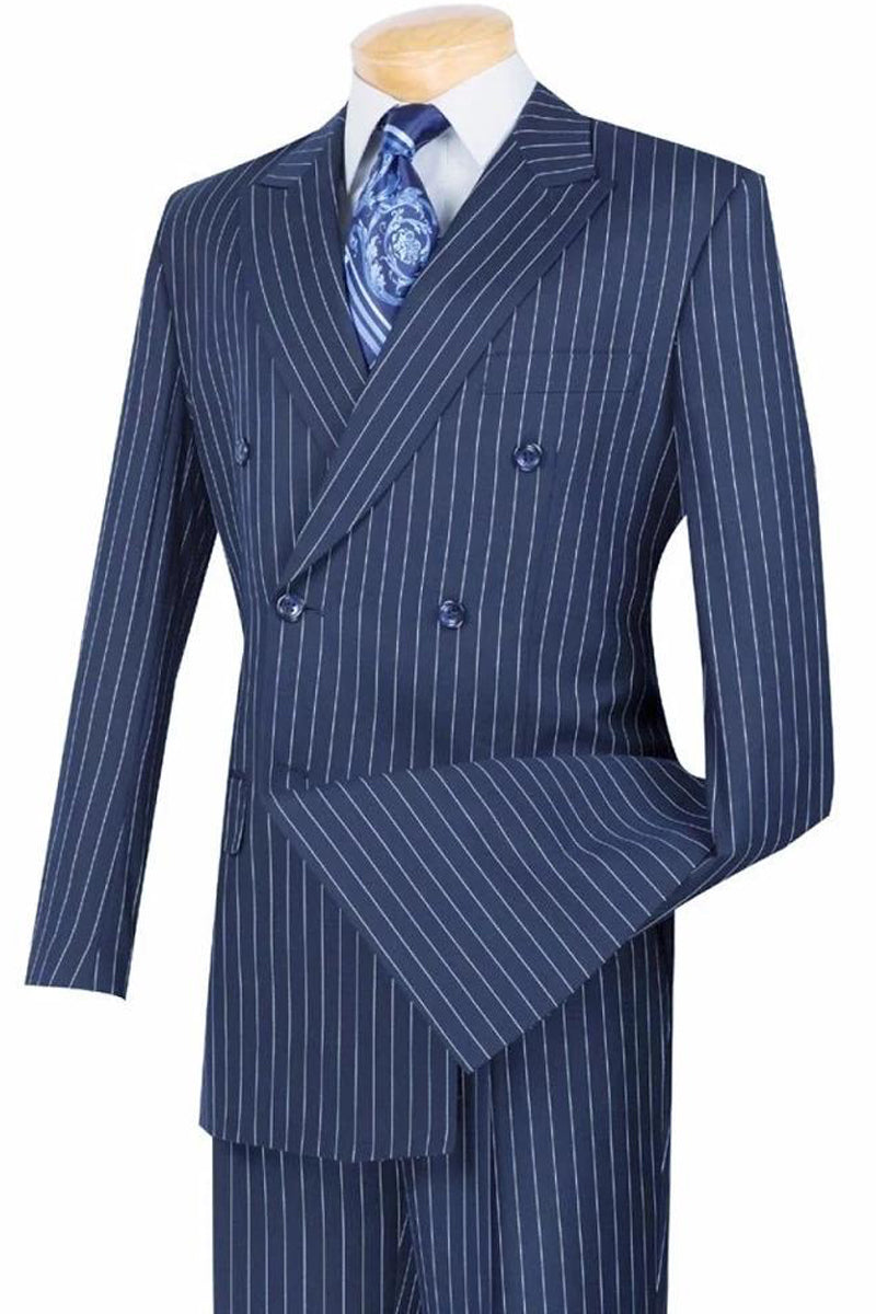 Mens Double Breasted Gangster Bold Pinstripe Suit In Blue Alligatorwarehouse 7125