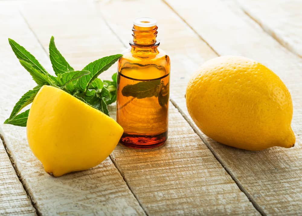Essential aroma oil with lemon and mint on wooden background.
