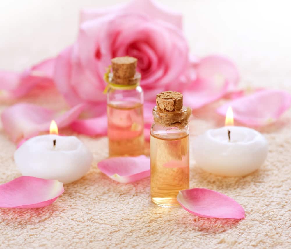 Bottles of Essential Oil for Aromatherapy. Rose oil