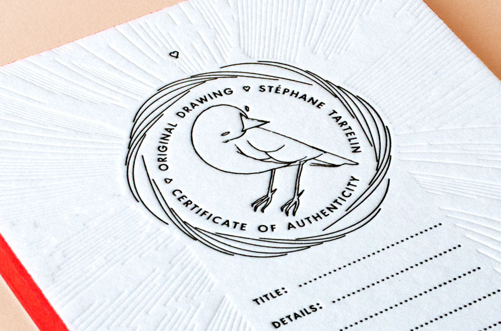 Certificat d'authenticité impression letterpress noir et débossage sans encre - Letterpress de Paris