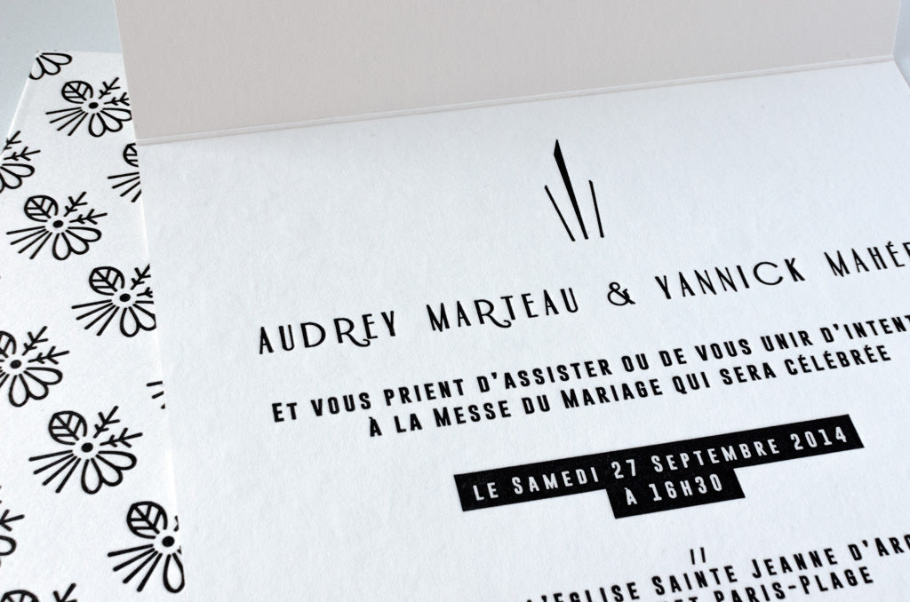 Faire-part de mariage letterpress noir et dorure à chaud Audrey & Yannick