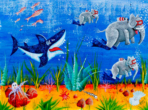 Red Brush Art Secret Life of Elephants Sharks Garden Painting