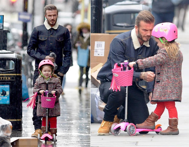 David Bekham and his daughter Harper riding a pink Mini Micro scooter