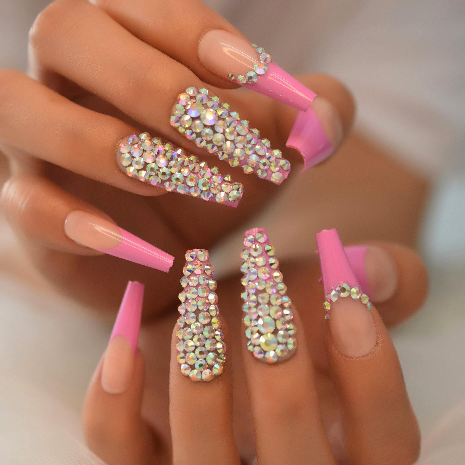 Pink French Tip Rhinestone Press On Nails – She's A Beat Beauty