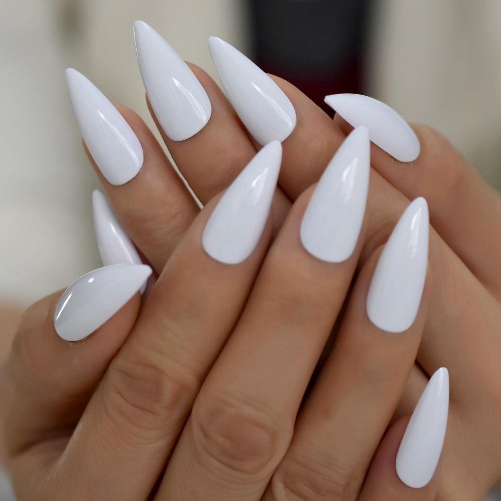 white pointed acrylic nails