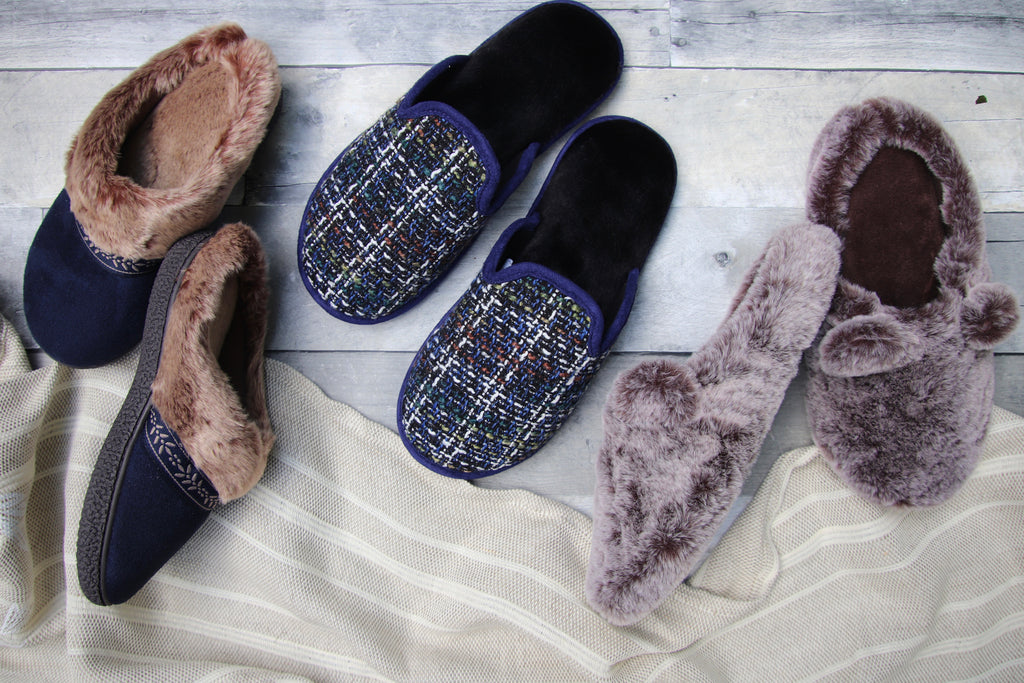 3 Different Slip-on Slippers in a line, Addie Hoodback, Kaitlyn Scuff and Faux Fur Novelty Fey Hoodback