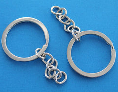 Silver Tone Key Rings with Attached Chain - 26mm - 6 Pieces - Z009