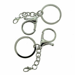 Silver Tone Key Rings with 2 Lobster Clasps and Attached Chain - 30mm - 2 Pieces - FD834