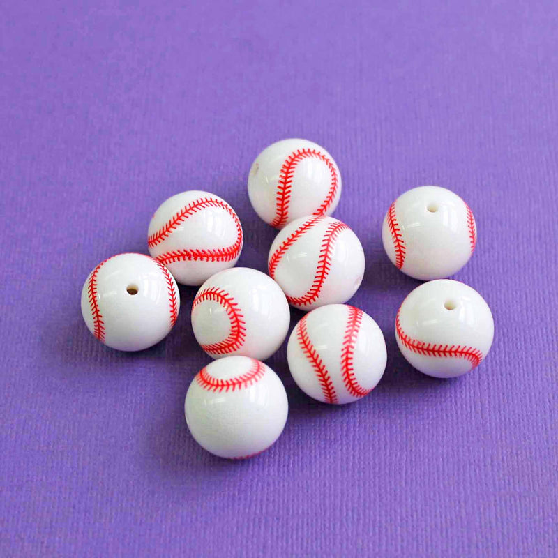 Round Acrylic Beads 20mm - Red and White Baseball - 10 Beads - K038