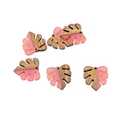 Tropical Leaf Natural Wood and Pink Resin Charm 30mm - WP021