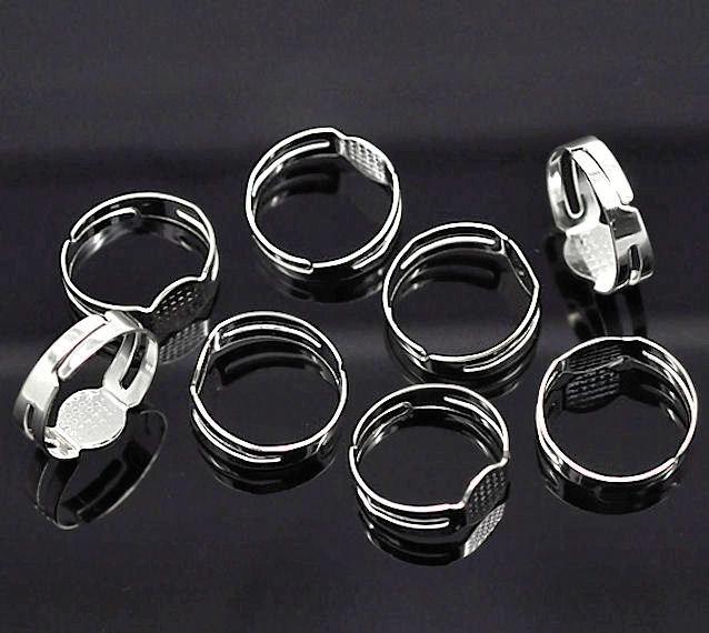 Silver Tone Adjustable Ring Bases - 15.5mm with 6mm glue pad - 25 Pieces - FD144