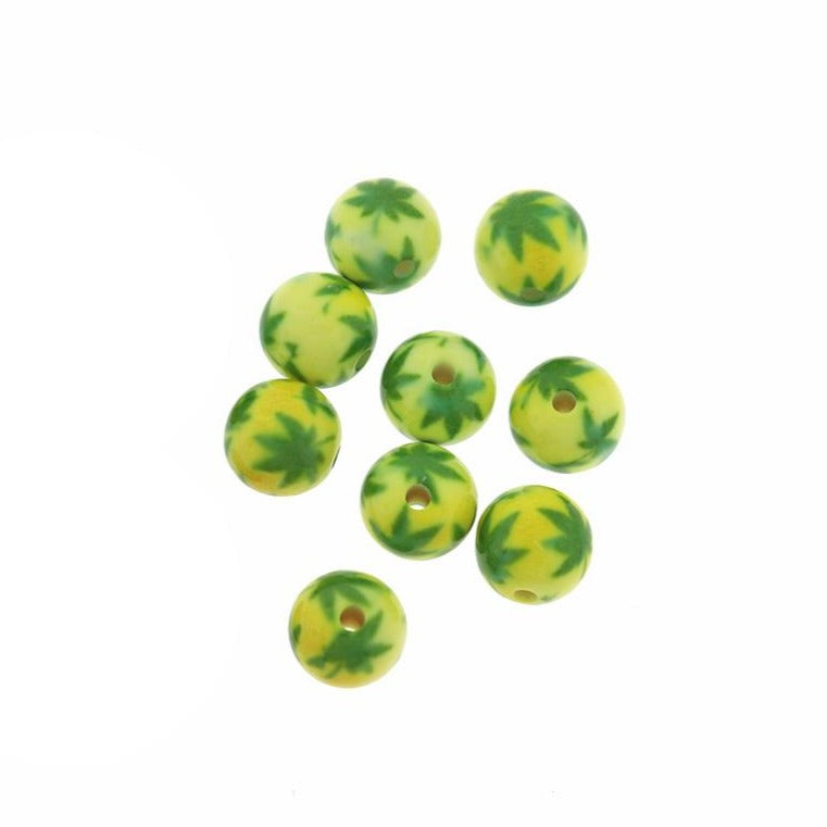 Round Acrylic Beads 10mm - Green Weed Leaf - 10 Beads - BD031