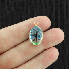 2 Blue Tree of Life Pressed Flower Glass Pendants - Z1441